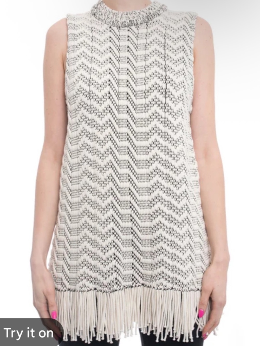 Proenza Schouler black white knit fringe sleeveless tunic top size XS